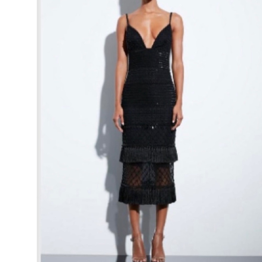 Peace and Love Black Beaded Tassel Midi Dress